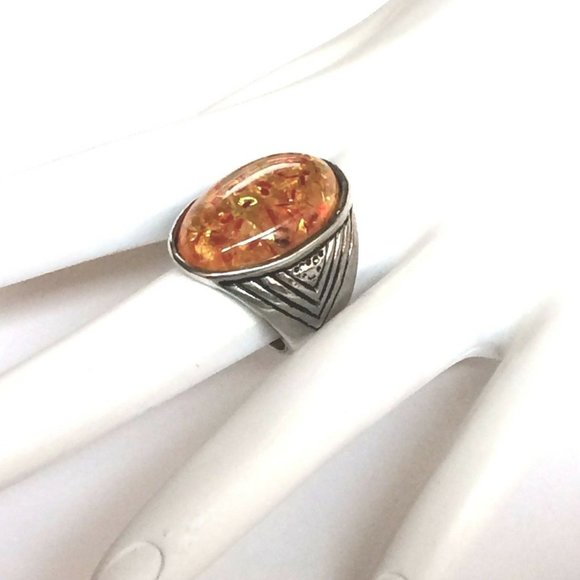 Silver Honey Amber Cocktail Ring Size 7 8 10 Yellow Orange Simulated Oval Cut - Picture 3 of 10